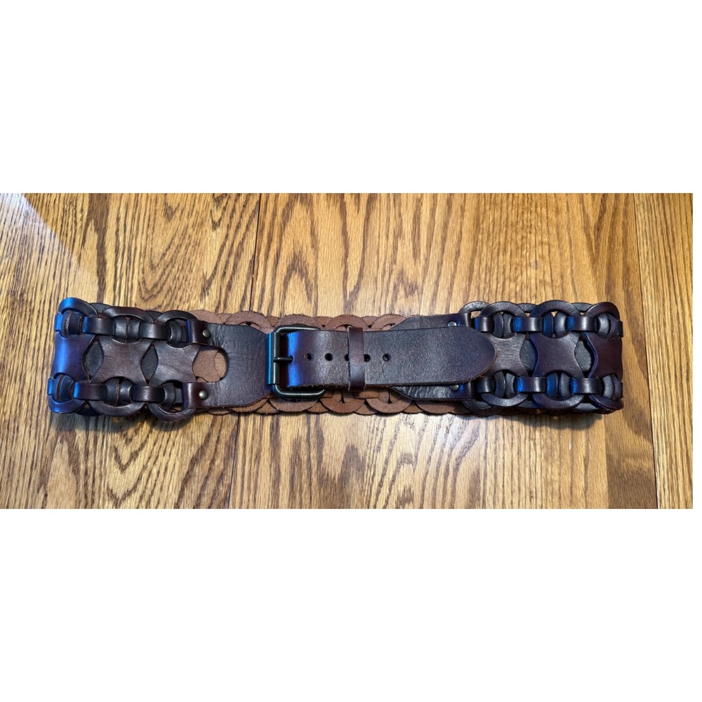 Vintage Dark Brown Genuine Leather Wide Interlocking Link Cutout Waist Belt